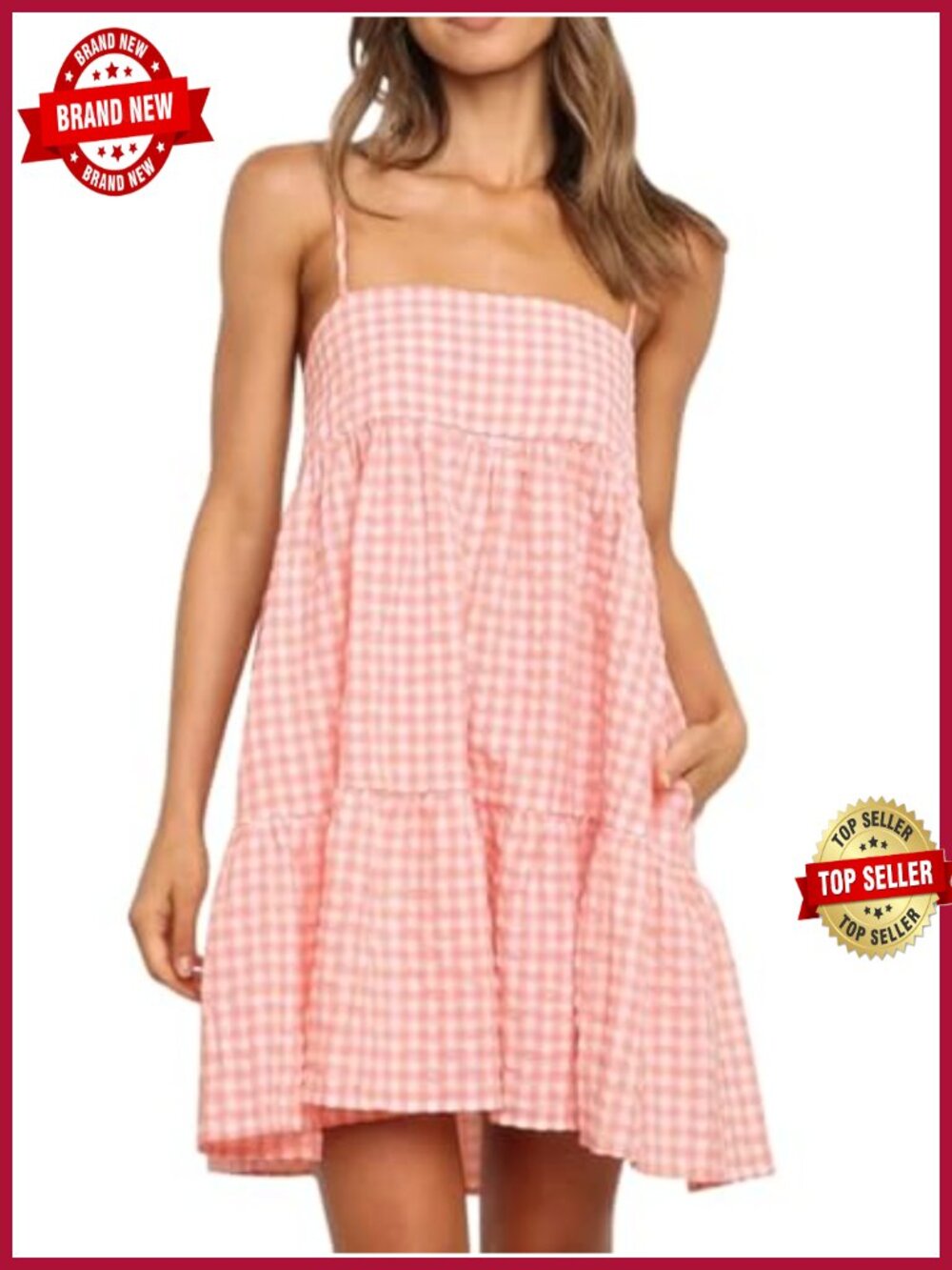 Plaid Mini Dress Spaghetti Strap Sundress with Pockets Sleeveless